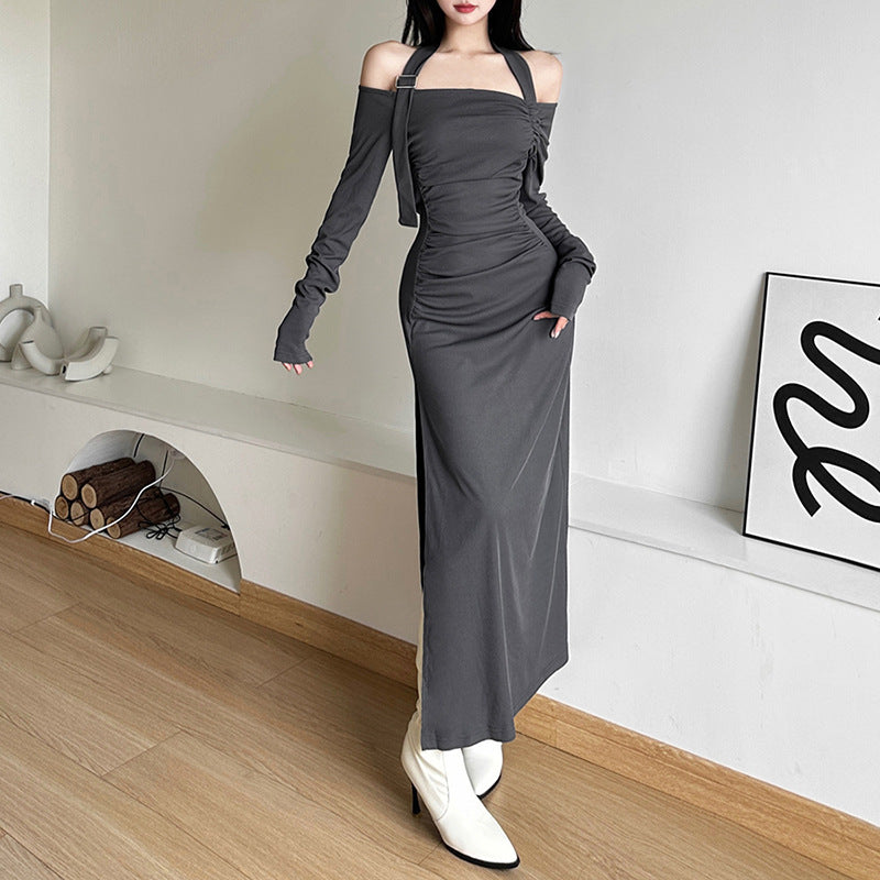 Ladies Elegant Maxi Dress with Asymmetrical Shoulder Design and Chic Refined Ruffle Details