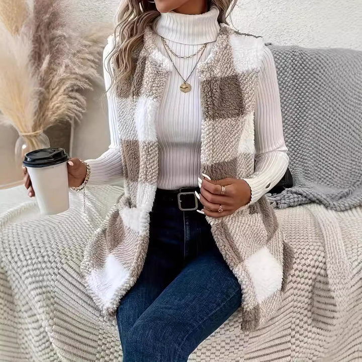 Lune London | Ladies Fluffy Vest with Check Pattern and Pockets
