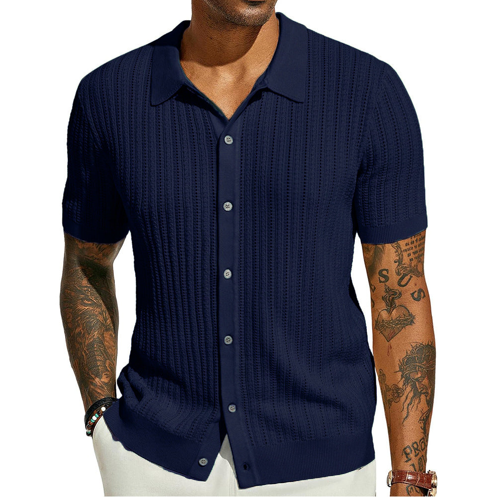 Short sleeve knit shirt for men with a fine lace structure and a classic collar Lune London
