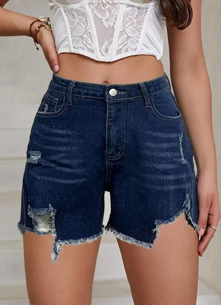 Women’s casual destroyed jeans shorts with high waist and frayed hems Lune London