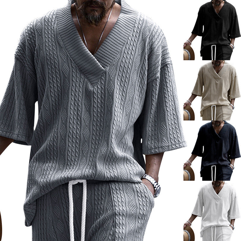 Men's casual knit pullover with V-neck and decorative cable pattern Chic and style
