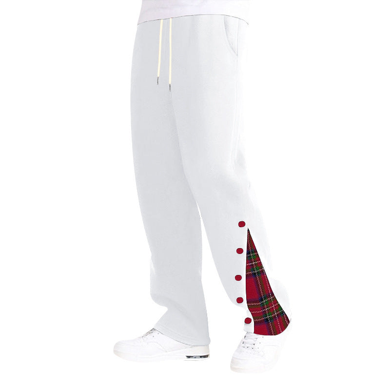Men's comfortable casual pants with side button details and combined plaid pattern Lune London