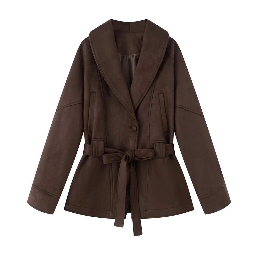 Elegant transitional jacket for ladies with a tie belt and flattering lapels Lune London