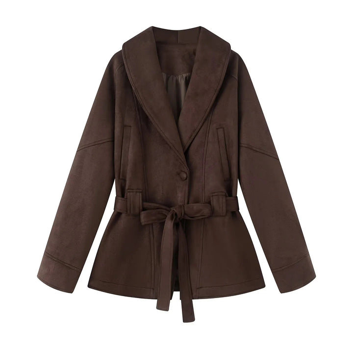 Elegant transitional jacket for ladies with a tie belt and flattering lapels Lune London