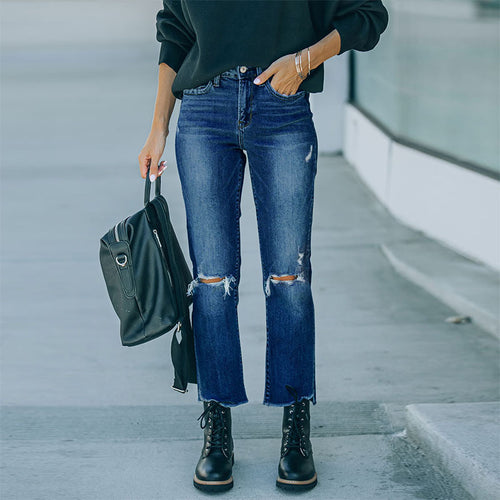 Modern high-waisted jeans for women with a chic and stylish worn look