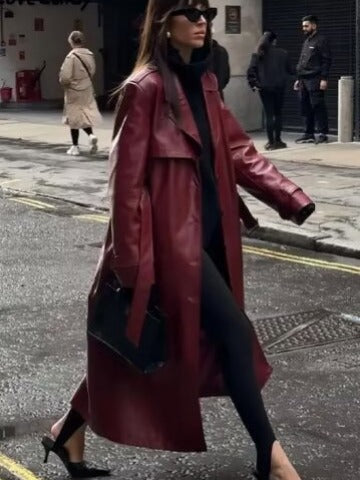 Women's faux leather trench coat with adjustable waist belt and chic collar Lune London