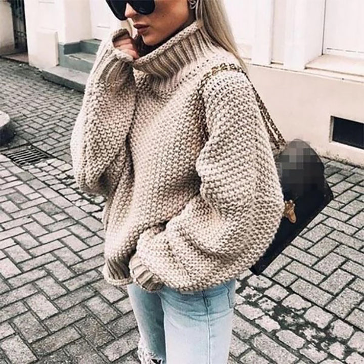 Chunky knit sweater for women with high collar and dropped shoulders Lune London