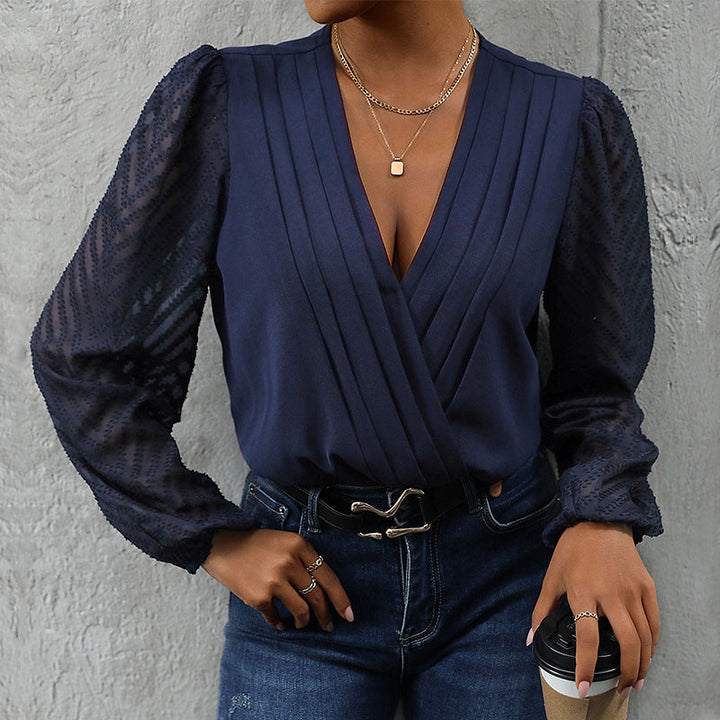 Women's Wrap Blouse with Fine Pleated Details and Transparent Sleeves Lune London