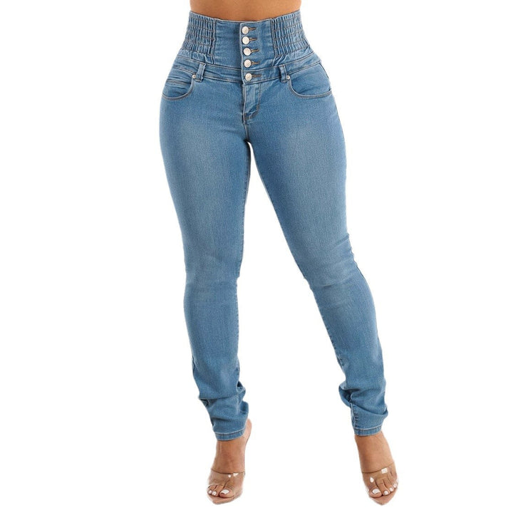 Women's High-Waist Skinny Jeans with Elastic Waistband and Decorative Buttons Lune London