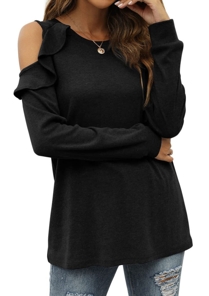 Long sleeve t-shirt for women with cut-out sleeves and ruffle detail Lune London