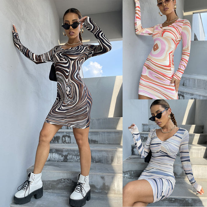Ladies Long Sleeve Abstract Print Mini Dress Lune London