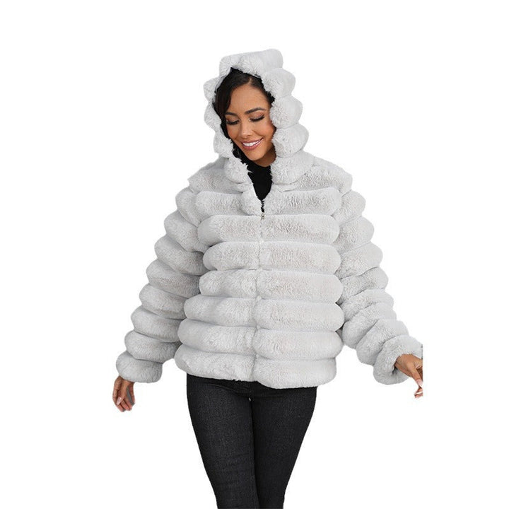 Women's Trendy Hooded Jacket Made Of Faux Fur with Textured Pattern Lune London