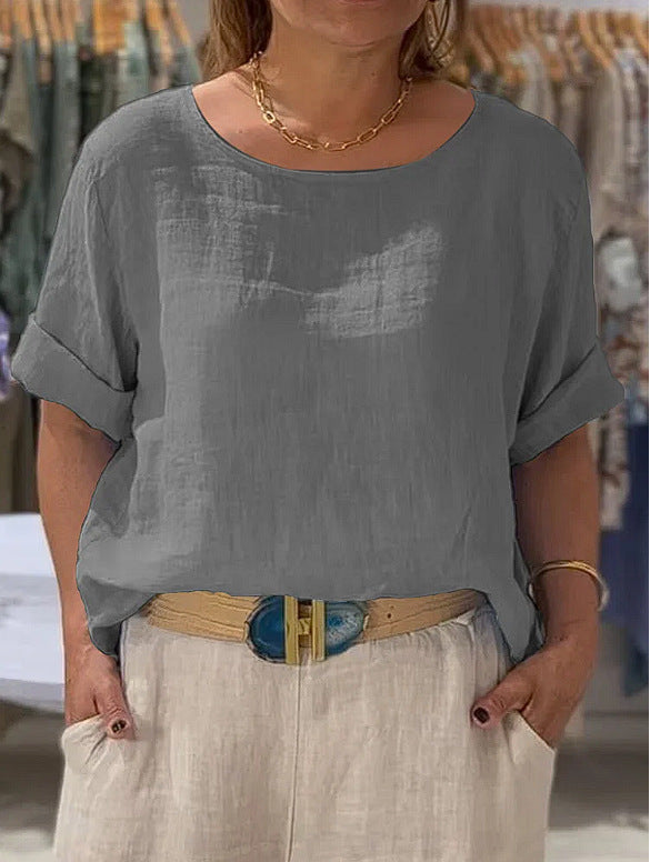 Blouse en lin léger pour femme avec coupe décontractée et manches retroussées Chic & Stil