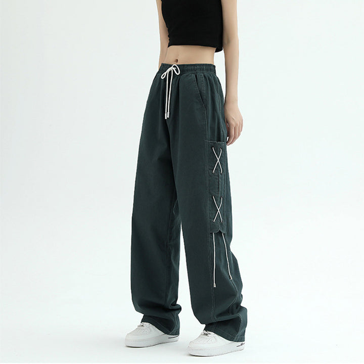 Women's Wide Cut Cargo Pants with Decorative Lacing
