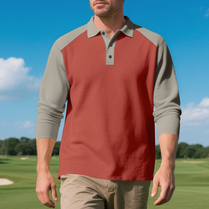 Men's long sleeve polo shirt with contrasting sleeves in breathable cotton blend Lune London