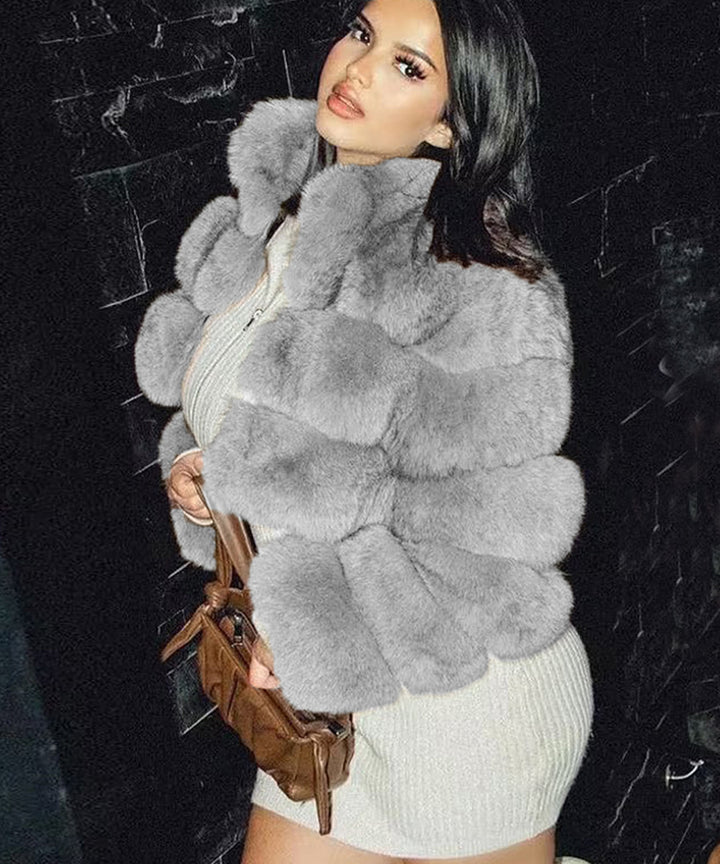 Luxury faux fur jacket for women with voluminous puff sleeves Lune London