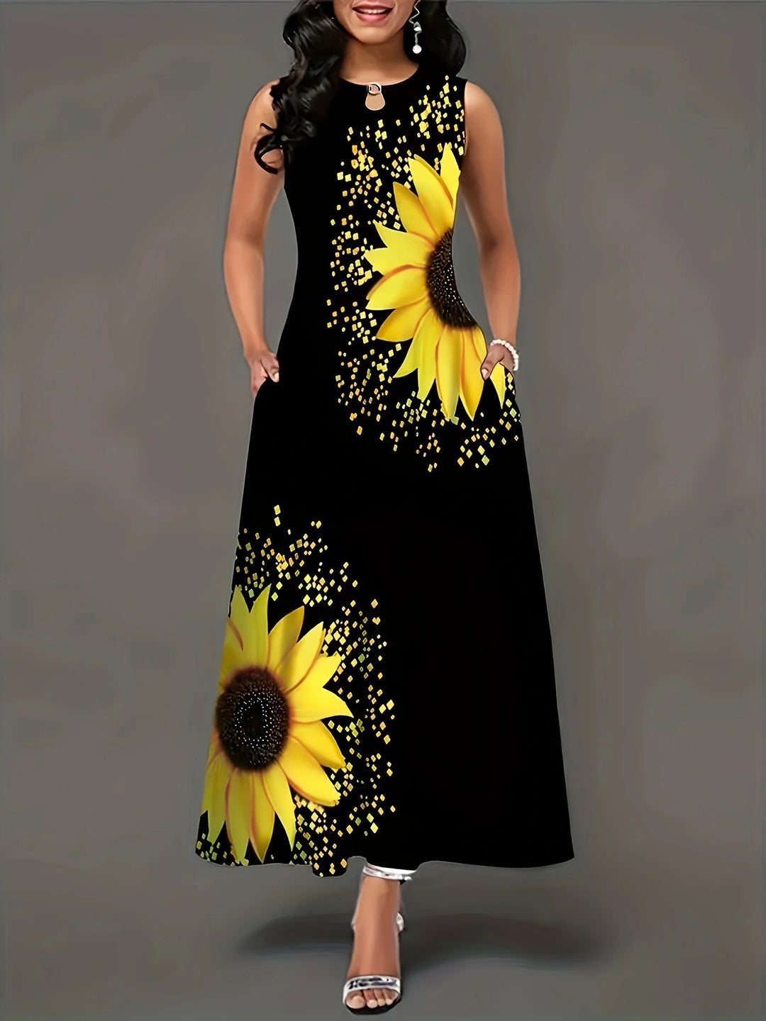 Women's maxi dress with colorful sunflower pattern and practical pockets Lune London