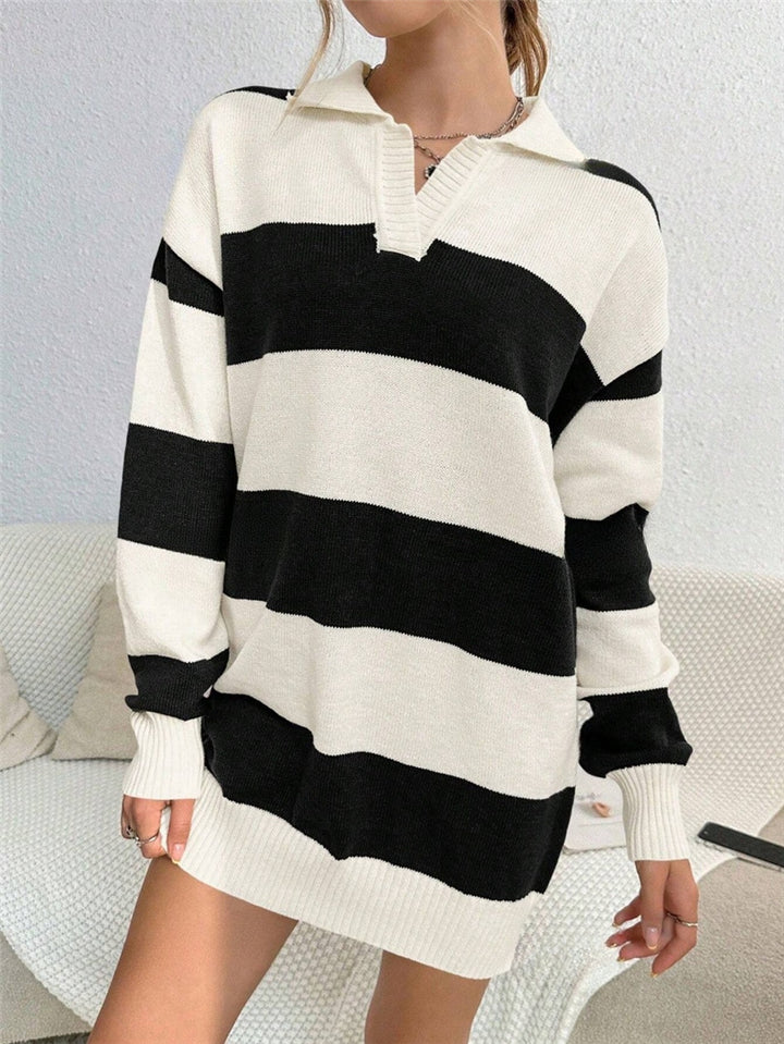 Sweater dress for women with modern striped pattern and detail-rich button placket Lune London