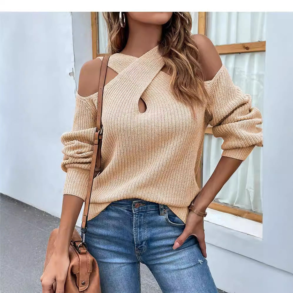 Knit sweater for women with asymmetrical neckline and off-shoulder Lune London