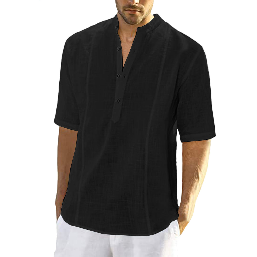 Short Sleeve Linen Shirt for Men with High Collar and Button Placket Chic und Stil