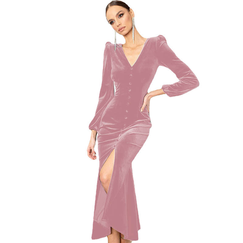 Maxi velvet dress for women with central button closure and side slit Lune London