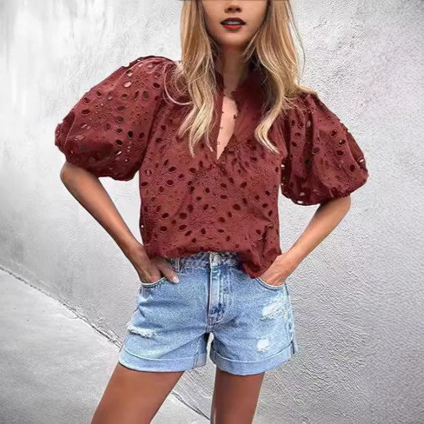 Ladies eyelet blouse with puff sleeves Lune London