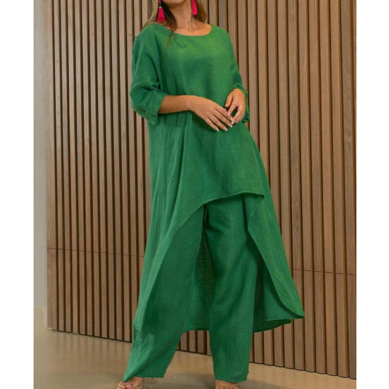 Asymmetrical elegant linen tunic set for women and Lune London pants