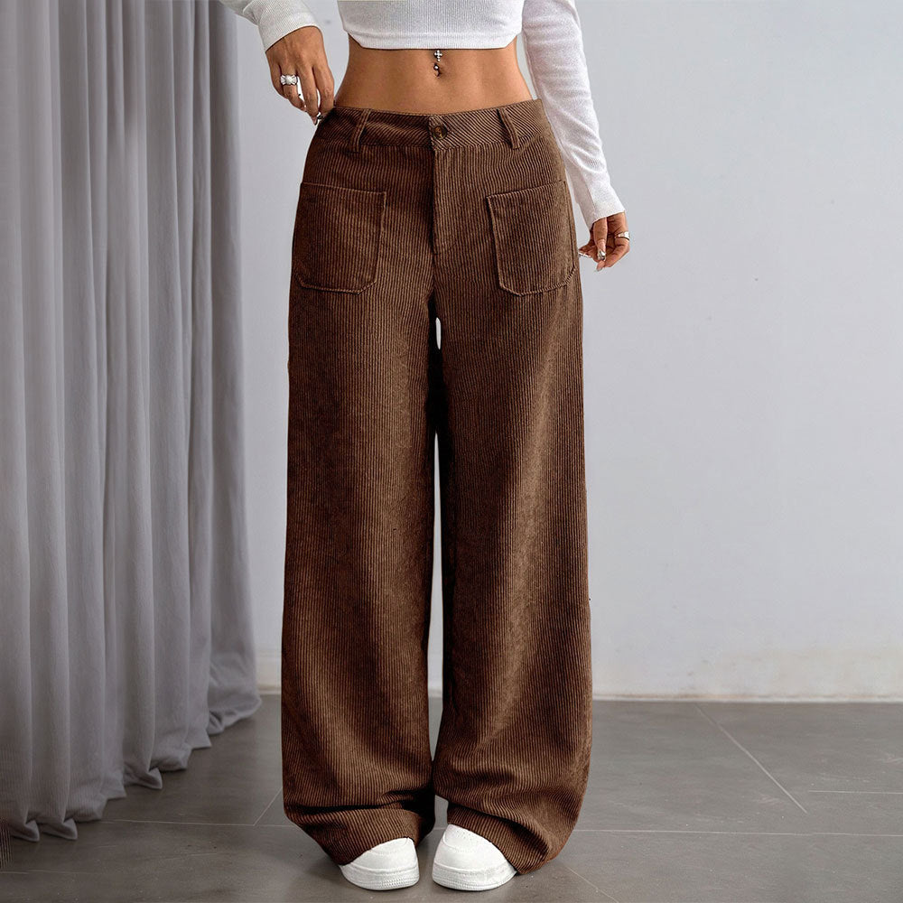 Pantalon large en velours côtelé pour femmes avec poches et taille haute Chic & Stil