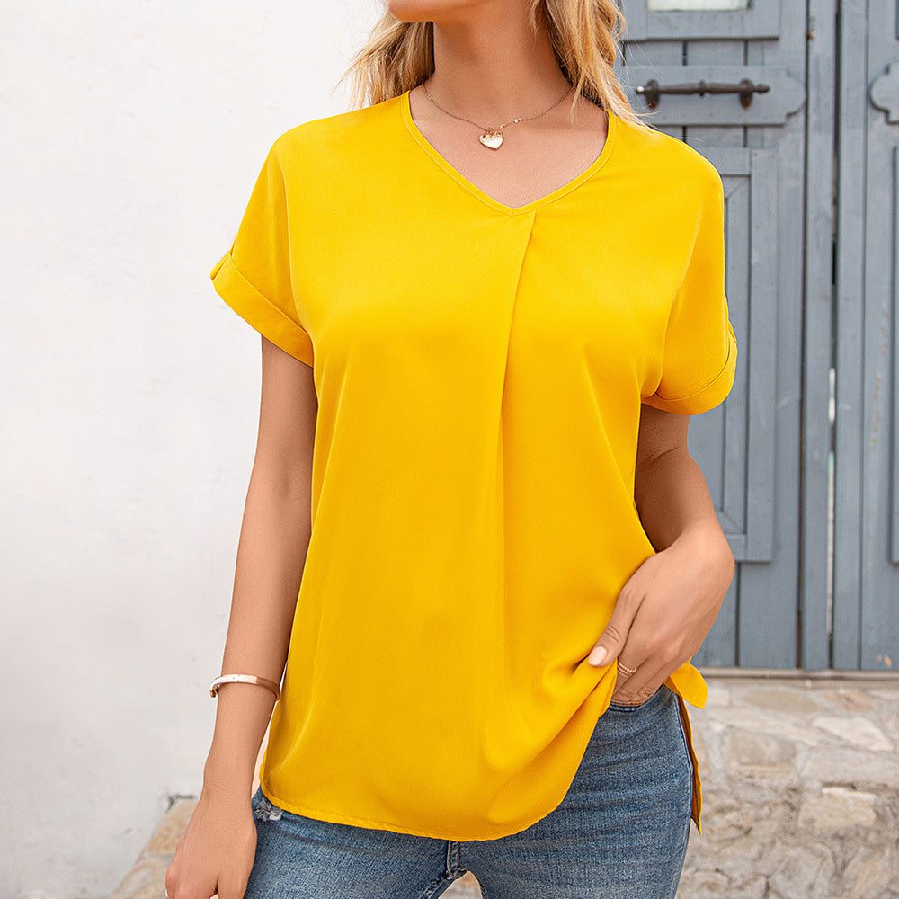 Elegant V-neck blouse for women with pleats and side slits Lune London