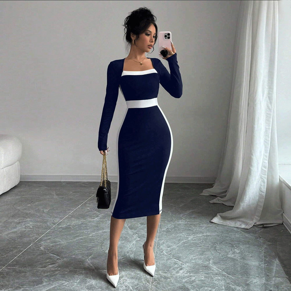 Robe midi ajustée pour femme avec décolleté carré et accents contrastants Chic & Stil