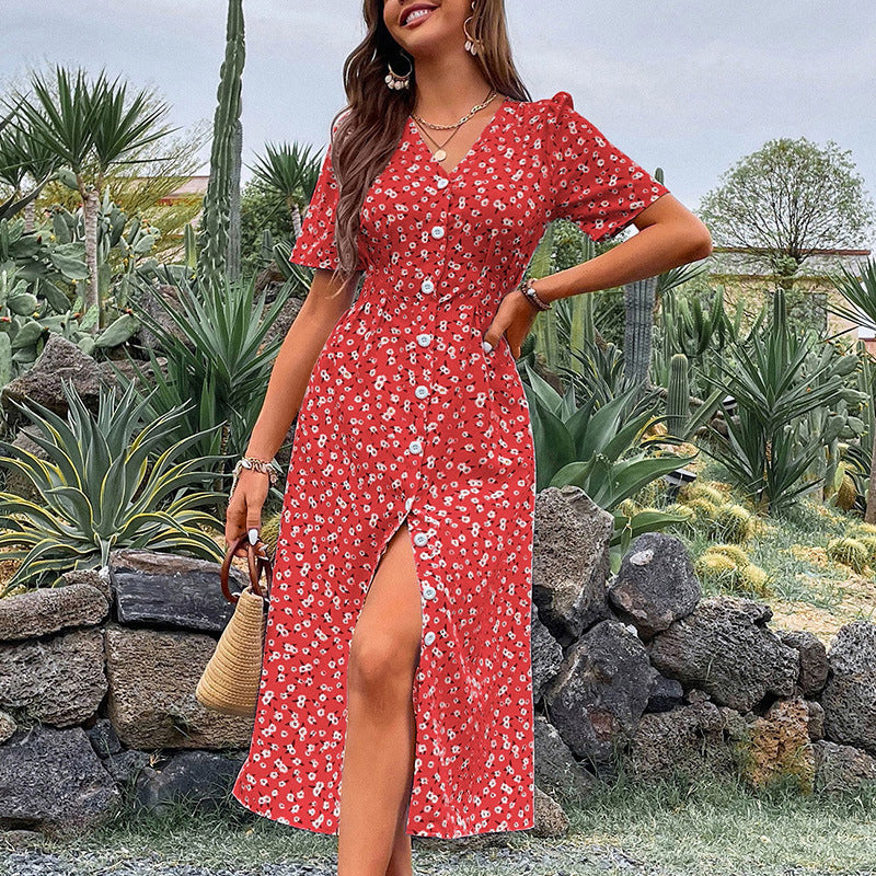Midi floral dress with wrap neckline for women with side slit detail Lune London