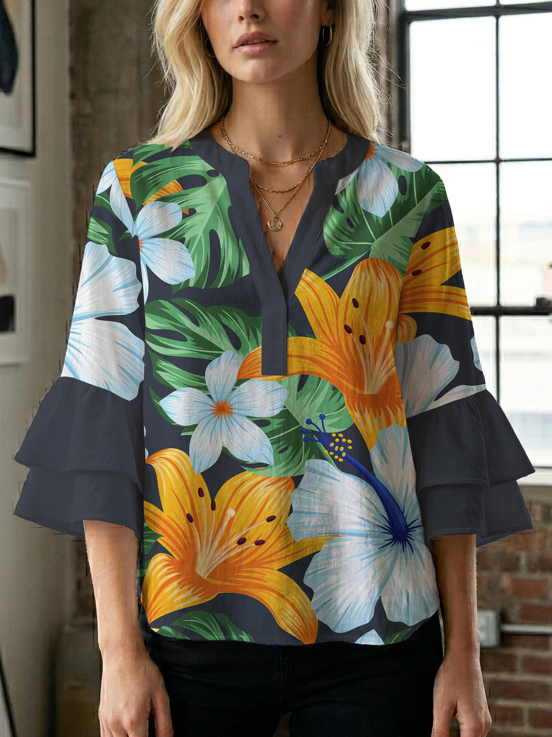 Ladies blouse with voluminous ruffled sleeves and floral print Lune London