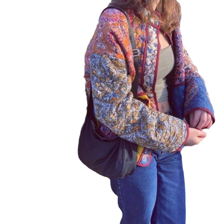 Quilted jacket for women with a colorful patchwork design and practical pockets Lune London