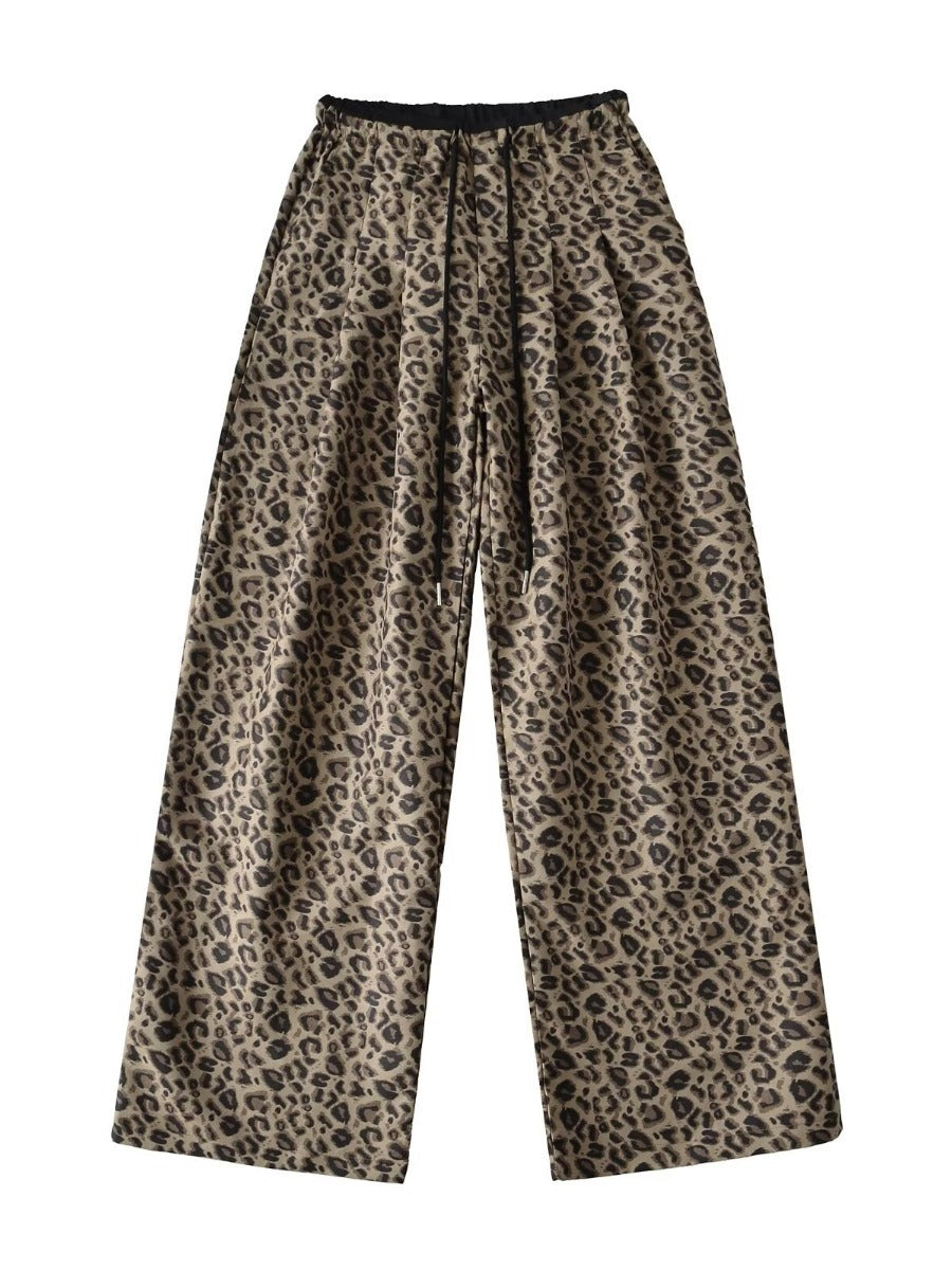 Trendy leopard wide-leg pants for women with elastic waistband and tie belt Lune London