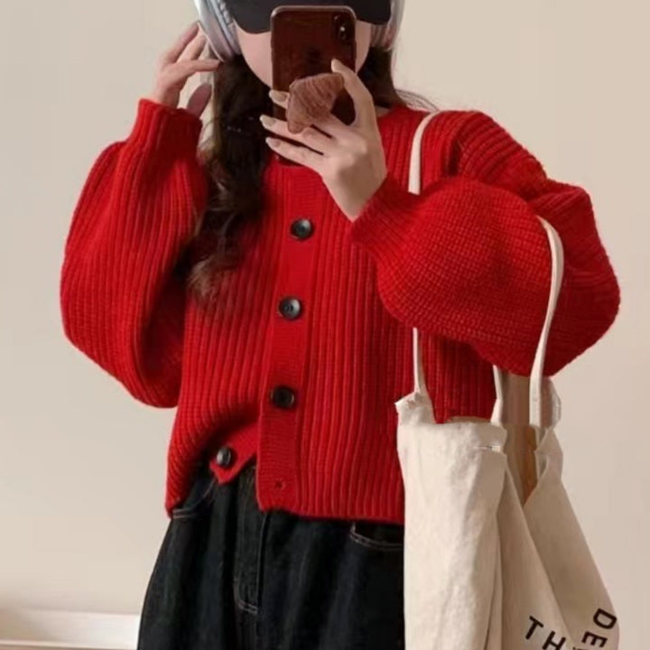 Buttoned design knit jacket for women with puff sleeves Lune London