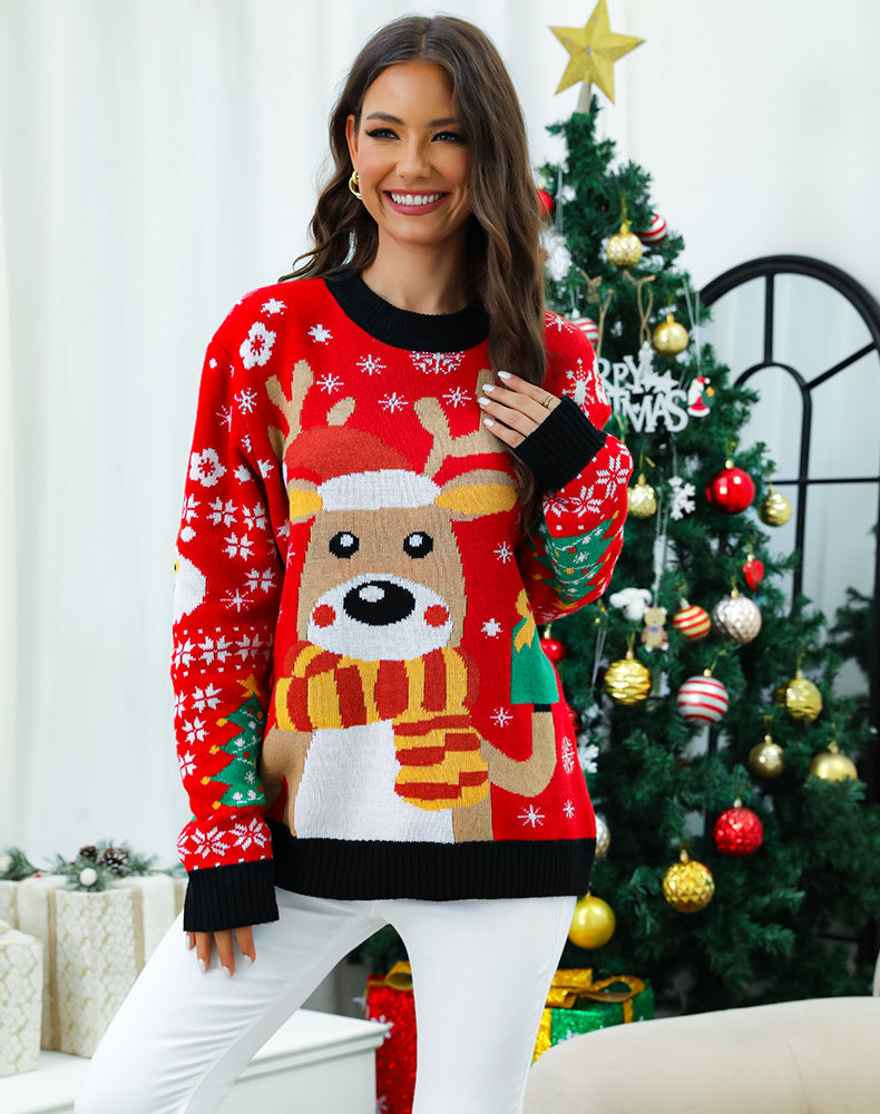 Christmas Knit Sweater for Women with Festive Reindeer Design and Detailed Colorful Patterns Lune London