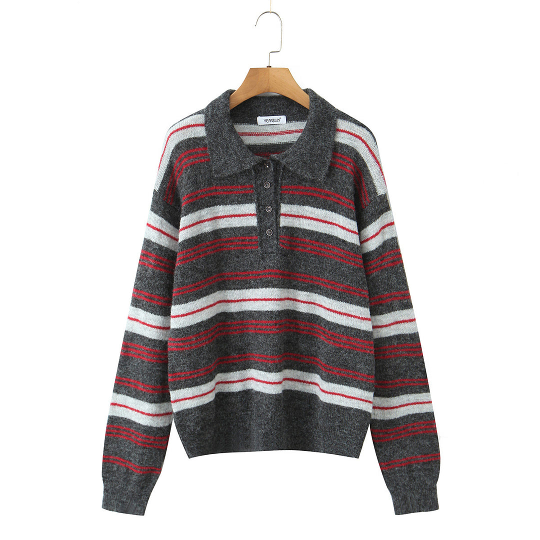 Elegant knitted sweater for women with polo collar and striped pattern Lune London