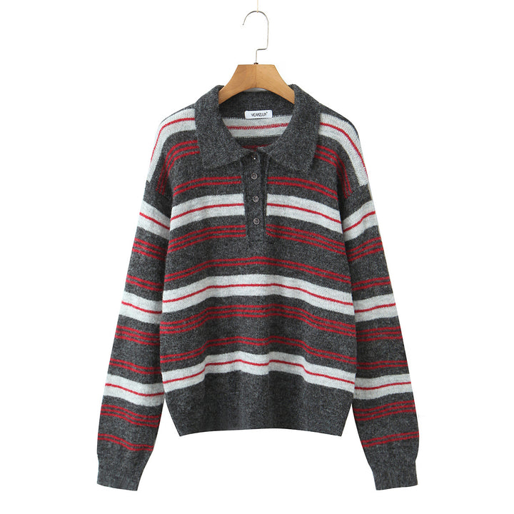 Elegant knitted sweater for women with polo collar and striped pattern Lune London