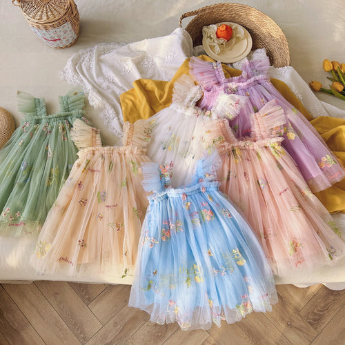 Girls Embroidered Tulle Party Dress with Ruffle Straps Lune London