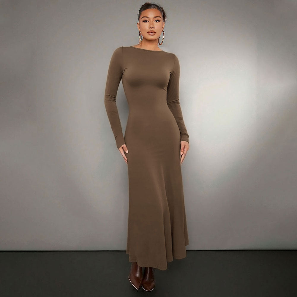 Robe midi à manches longues pour femmes avec encolure ronde élégante et ourlet volant Chic & Stil