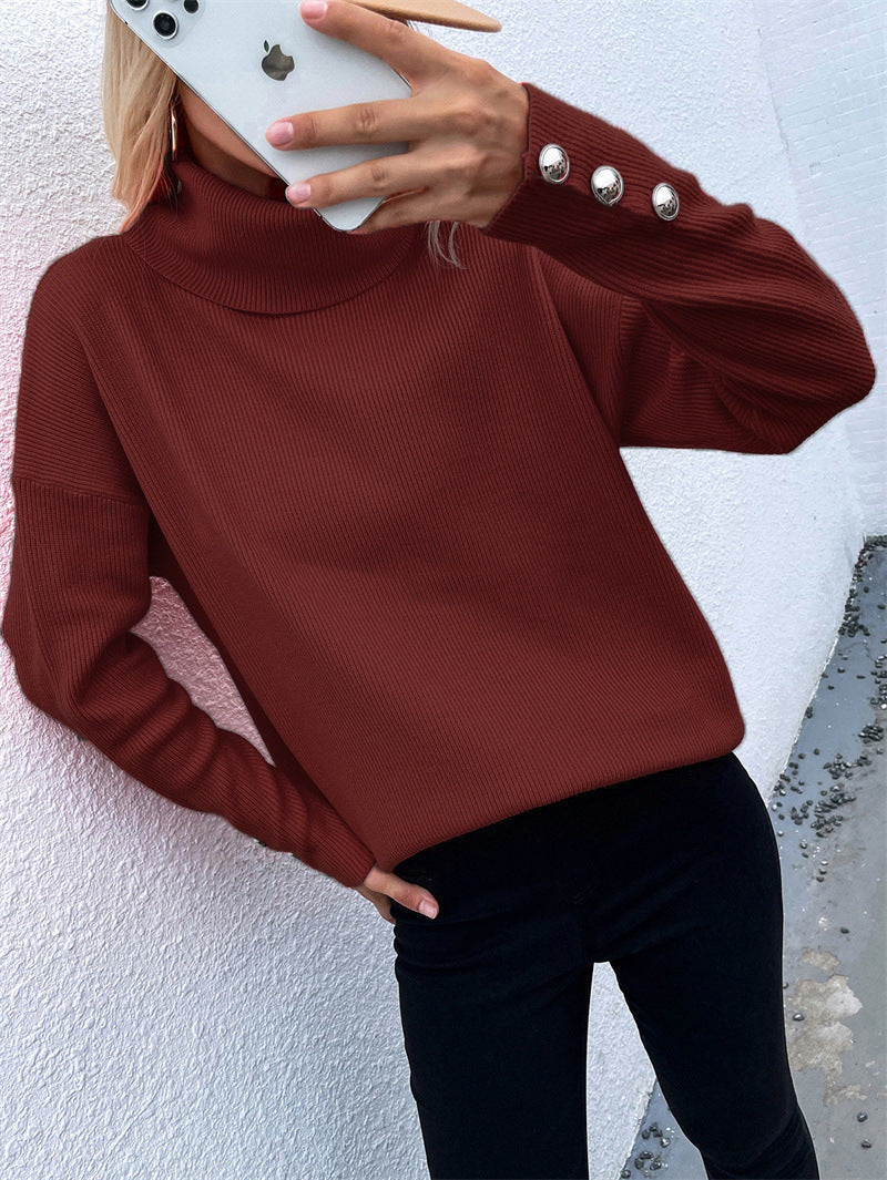 Thick knitted sweater for women with turtleneck and button detail Lune London