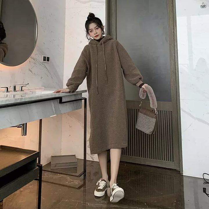 Women Fluffy Fleece Hooded Dress with Ears and Side Slits Lune London