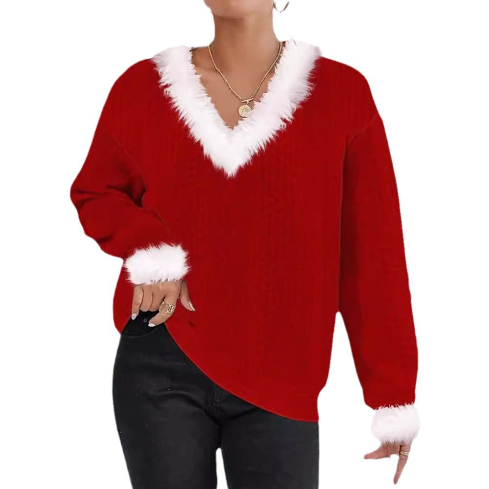 Sweater en tricot pour femmes avec décolleté en V et bord en fausse fourrure contrastant Chic & Stil