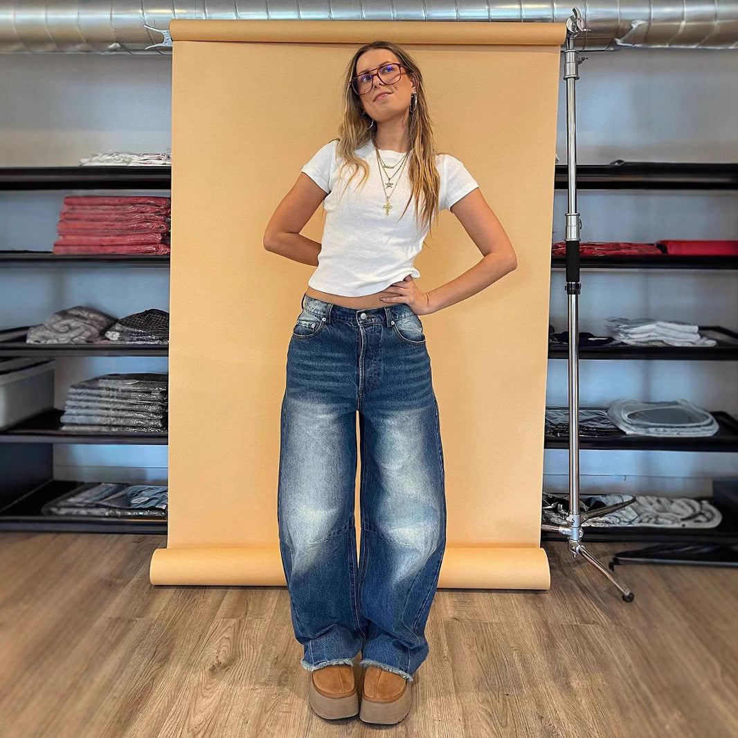 Ladies fashionable wide jeans with unique cut and high waistband Lune London
