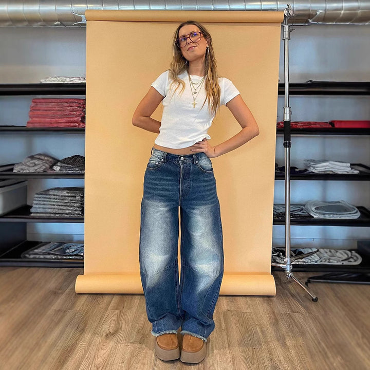 Ladies fashionable wide jeans with unique cut and high waistband Lune London