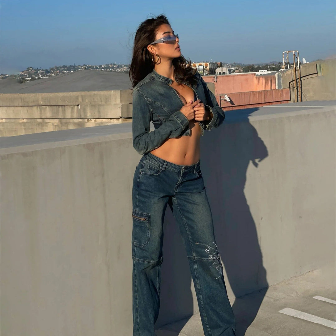 Women's denim pants with unique rhinestone applications Lune London