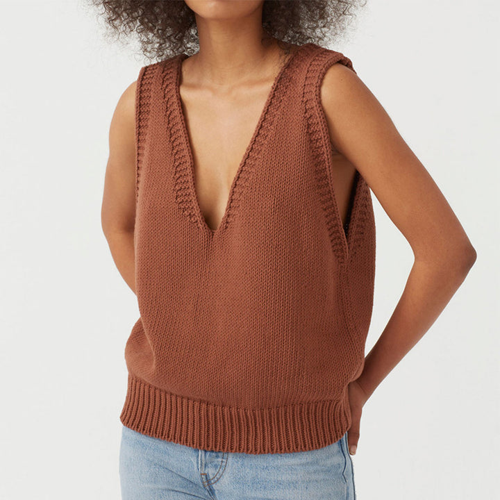 Women's stylish knit top with deep V-neck and wide straps Lune London
