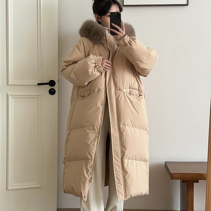 Ladies long winter down jacket with high-quality faux fur collar and practical pockets Lune London
