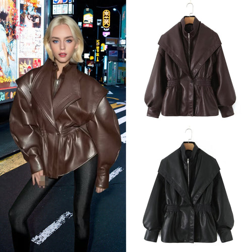 Faux leather jacket for women with asymmetrical collar and fitted cut Lune London