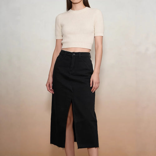 Women's Midi Denim Skirt with High Slit and Fringed Hem Lune London